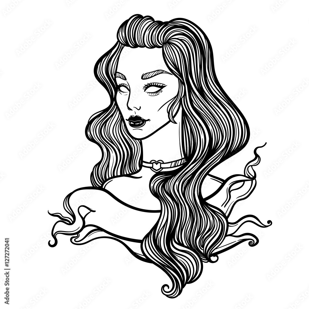 cute vector art card with vampire gothic girl. Fashion woman. linear tattoo  illustration for Halloween Stock Vector | Adobe Stock