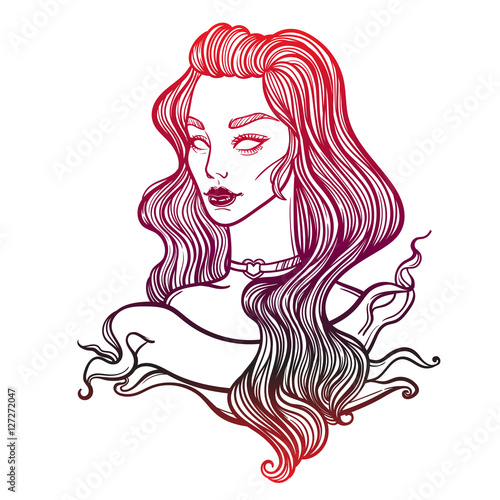 cute vector art card with vampire gothic girl. Fashion woman. linear tattoo illustration for Halloween