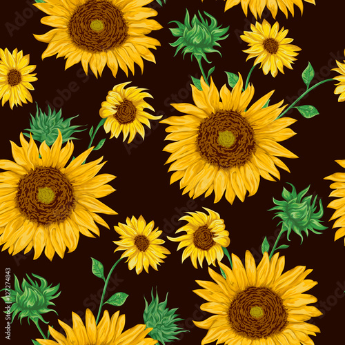 Seamless pattern with sunflowers on black background. Collection decorative floral design elements. Flowers, buds and leaf. Vintage hand drawn vector illustration in watercolor style.