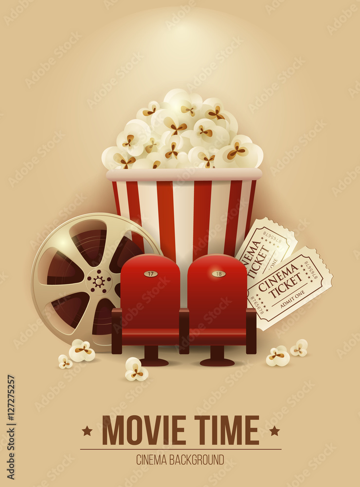 Φωτογραφία Cinema concept poster with popcorn bowl, cinema chair, film strip and tickets, d