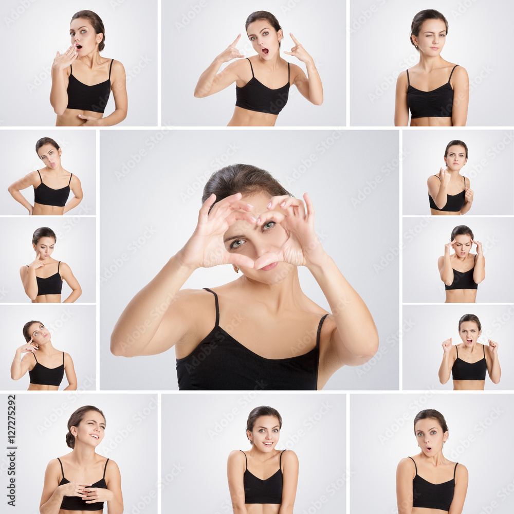 set of portraits woman with different emotions and gestures set of portraits woman with different emotions and gestures
