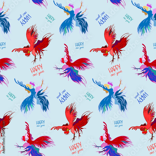 Silhouette of a rooster .  Cock sketch, hand drawing. Symbol of New Year 2017. Illustration for a  wrapping paper,  wallpaper. Christmas background. Seamless vector pattern.