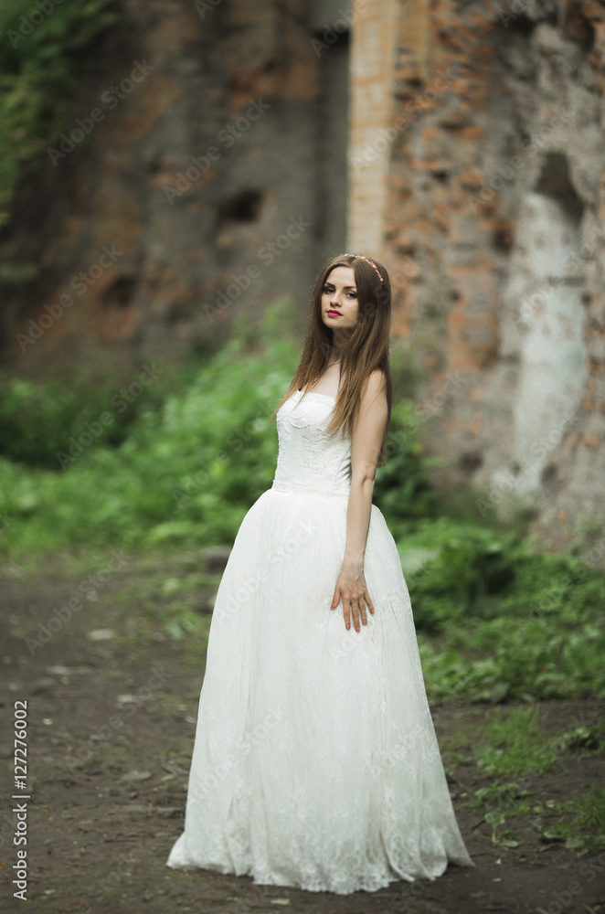 Gorgeous romantic gentle stylish beautiful caucasian bride on the background ancient baroque castle