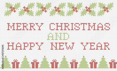 Merry Christmas and New Year cross-stitch card