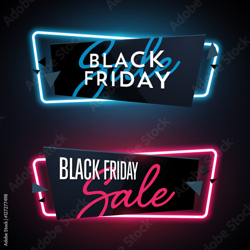 Set of geometric Black Friday neon vector banners.