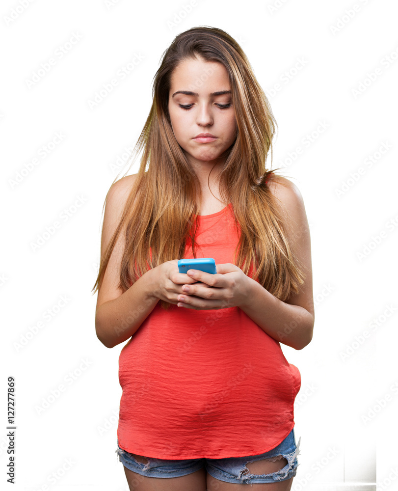 angry young woman typing a text on mobile on white angry young woman typing a text on mobile on white
