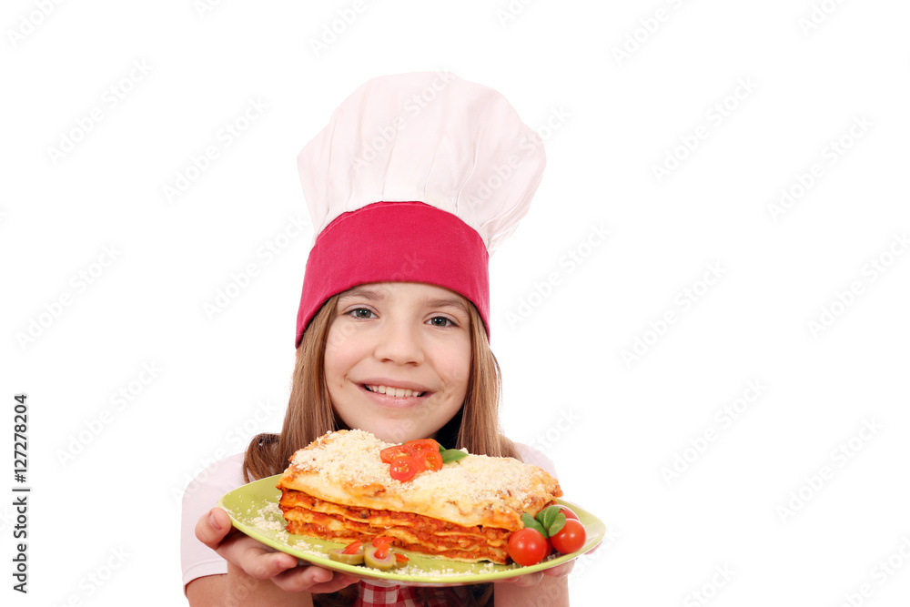 happy little girl cook with tasty lazagne happy little girl cook with tasty lazagne