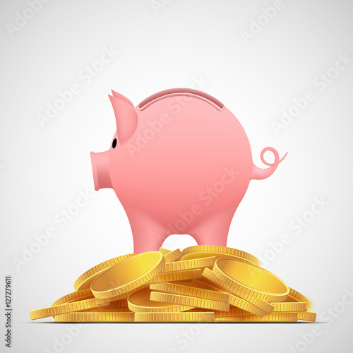 Piggy bank pig on the heap gold coins. Save money. Stock vector