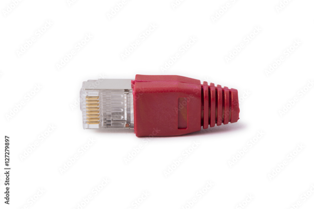 connector RJ45 6 category with red cap on a white background connector RJ45 6 category with red cap on a white background