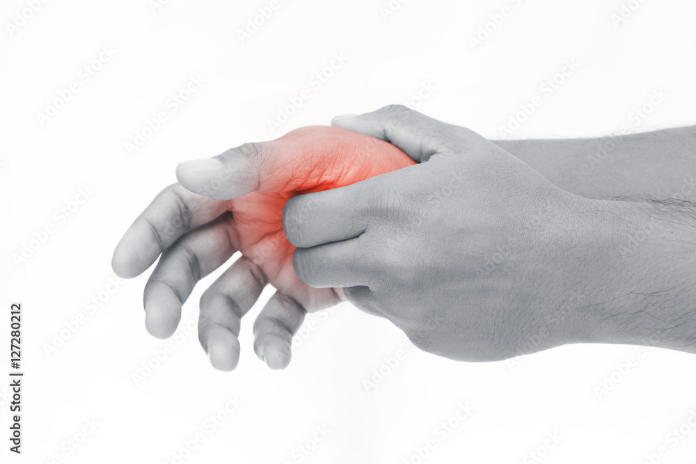 Man holding her hand, pain concept, isolate on white background Man holding her hand, pain concept, isolate on white background