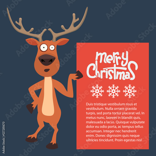 Cartoon Christmas Santas reindeer peeking round and pointing at a sign or blank board. Merry Christmas calligraphy on it.