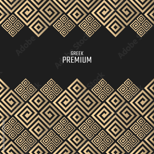Vector geometric background greek style. Meander border for design. Light golden vector frame. Premium vector card in luxury style.