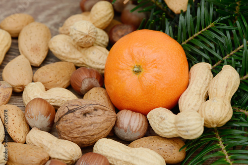Tannen, Nüsse und Mandarinen auf Holz 