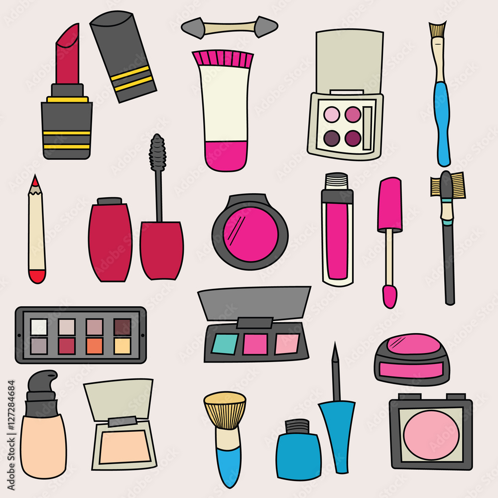 Makeup products design set. Cartoon free hand draw doodle vector  illustration. Stock Vector | Adobe Stock