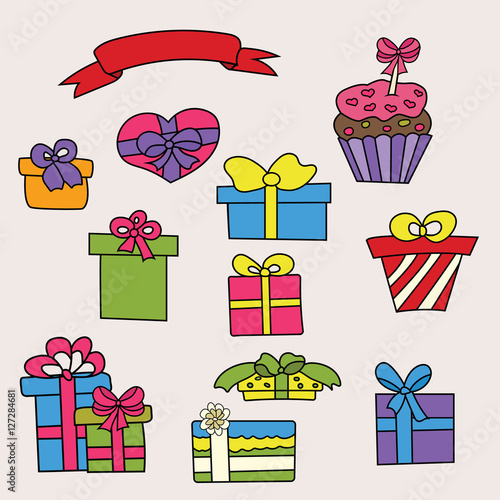 Birthday gift boxes design set. Cartoon free hand draw doodle vector illustration.
