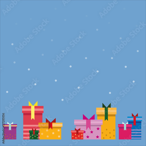 Beautiful Christmas illustration with colourful gifts on blue background. Space for your text. The sample for cards, banners, certificate, flyers. Vector flat illustration.