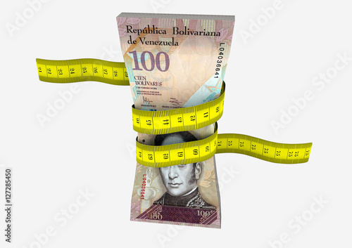 piles of 3D Rendered Venezuela money with with yellow measure tape isolated on white background photo