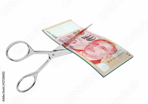 Canvas Print piles of 3D Rendered Singapore money with pair of Scissors isolated on white bac