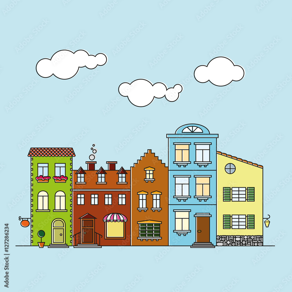 Small village main street buildings colorful facades