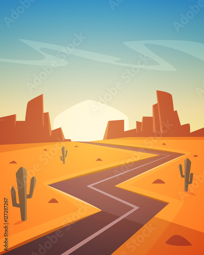 Desert landscape with asphalt road, cartoon vector illustration.