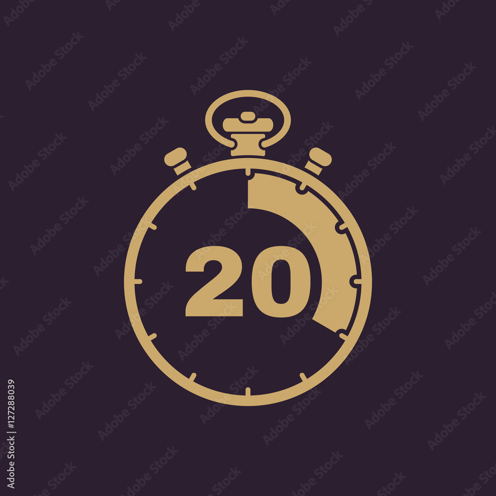 The 20 seconds, minutes stopwatch icon. Clock and watch, timer, countdown, stopwatch symbol. UI. Web. Logo. Sign. Flat design. App. The 20 seconds, minutes stopwatch icon. Clock and watch, timer, countdown, stopwatch symbol. UI. Web. Logo. Sign. Flat design. App.