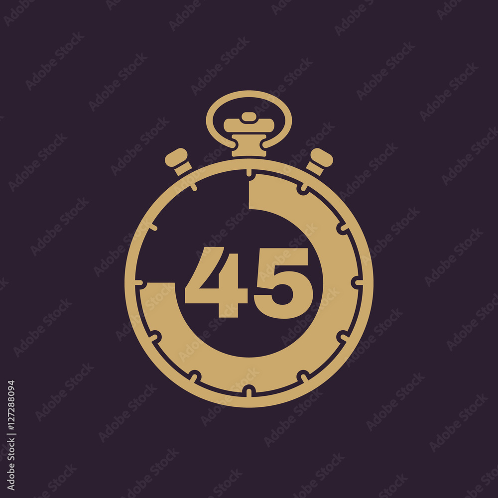 The 45 seconds, minutes stopwatch icon. Clock and watch, timer, countdown, stopwatch symbol. UI. Web. Logo. Sign. Flat design. App. The 45 seconds, minutes stopwatch icon. Clock and watch, timer, countdown, stopwatch symbol. UI. Web. Logo. Sign. Flat design. App.