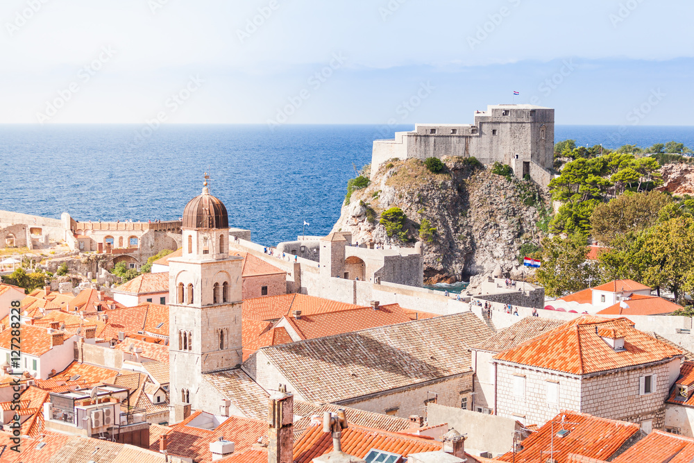 Dubrovnik old town roofs. Aerial view. Cityscape of Dubrovnik with bird's eye view. Travel to Croatia
