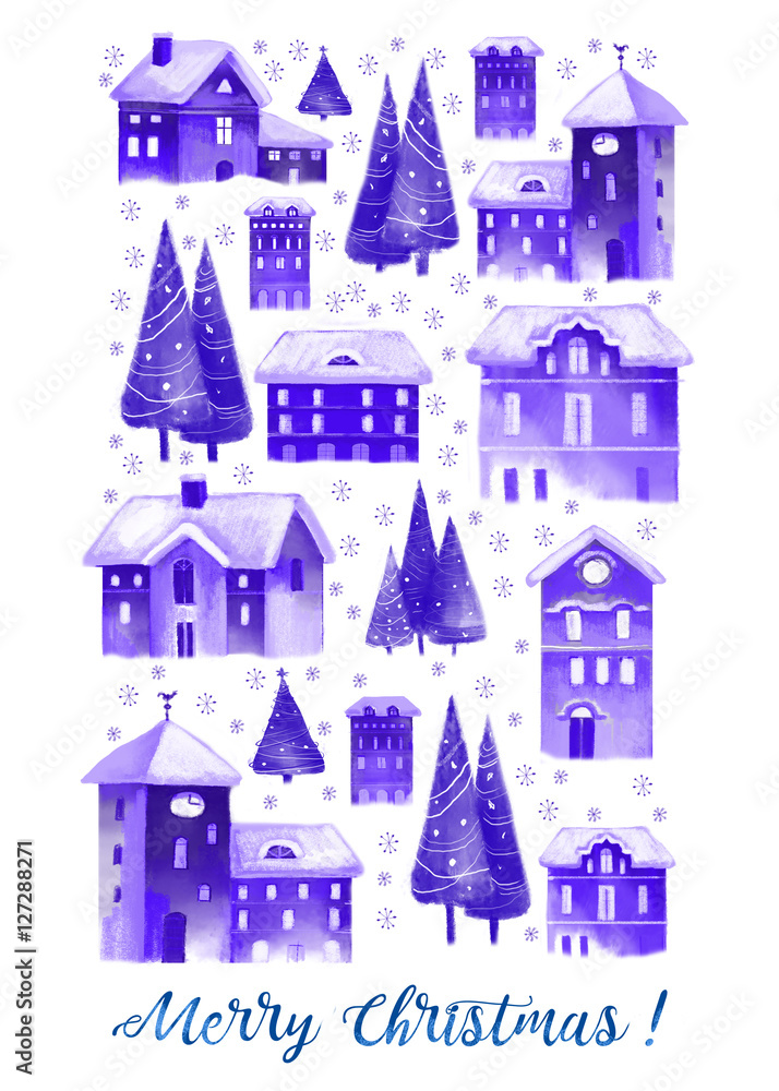 Christmas watercolor greeting card. Winter christmas houses in old city.