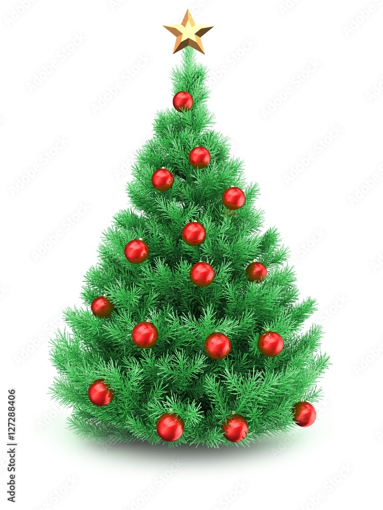 3d illustration of Christmas tree over white background with star and red balls 3d illustration of Christmas tree over white background with star and red balls