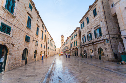 Stradun street at old part of the city early in the morning. Dubrovnic, Croatia. Fortification. photo