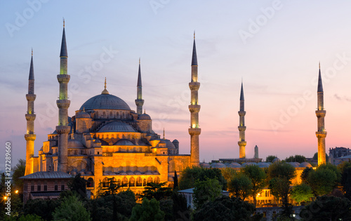 Sultan Ahmed Mosque (Blue Mosque) in Istanbul early in the morning on a sunset in evening illumination photo