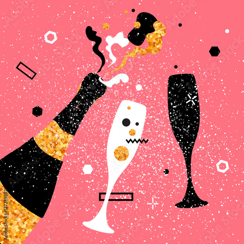 Champagne flutes and bottle. Cheerful holiday. Alcoholic beverages. Party celebration.