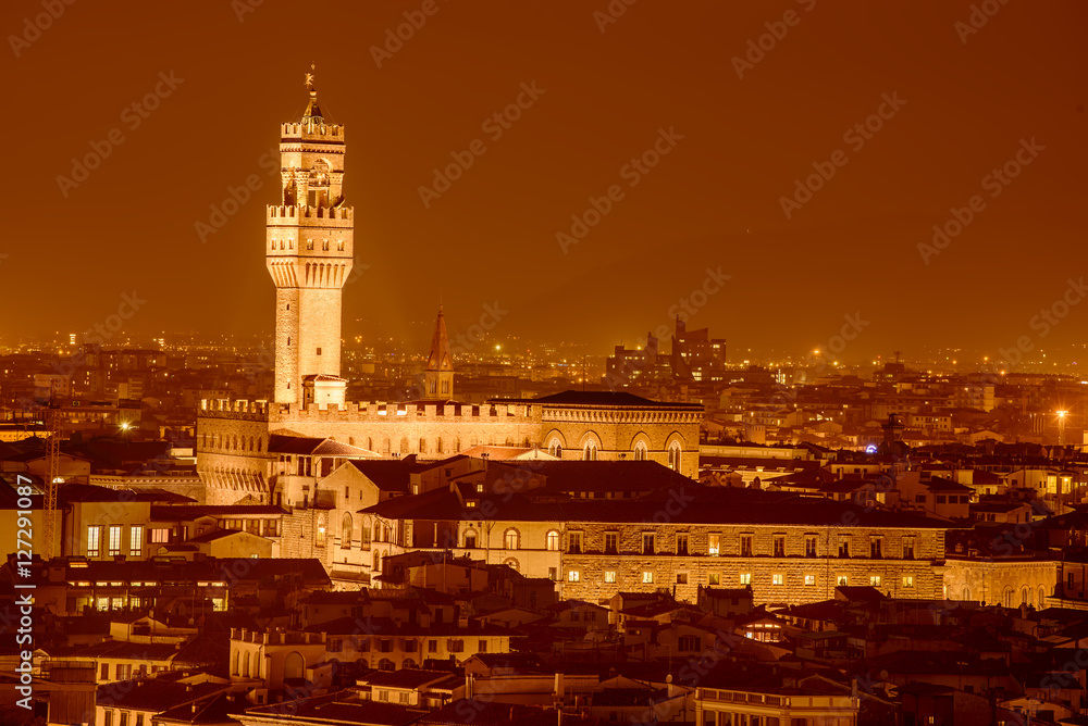 Night view of famous Palazzo Vecchio in Florence. Italy. Travel outdoor background.