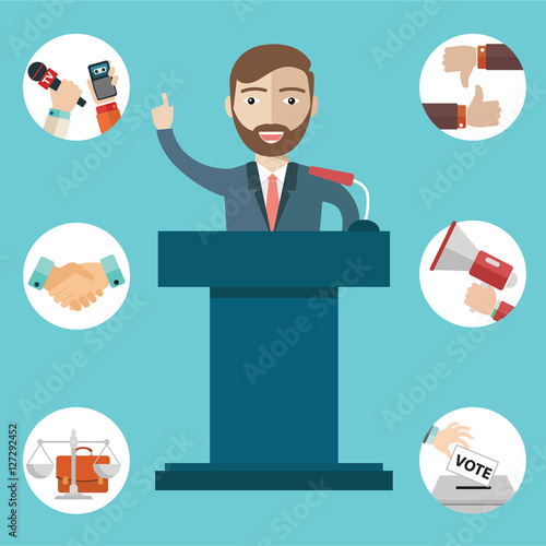 Politician man having a speech, politics icons