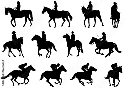 Vászonkép people riding horses silhouettes - vector