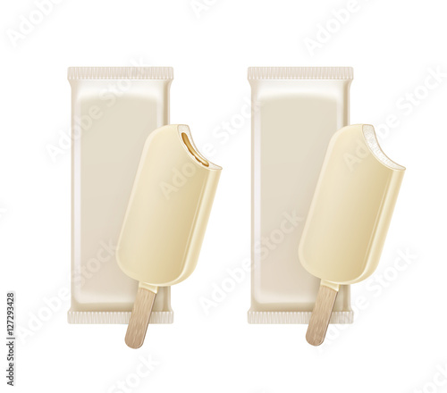 Set of Bitten Ice Cream in White Chocolate Glaze on Stick with Filling and White Foil Wrapper for Branding on Background photo