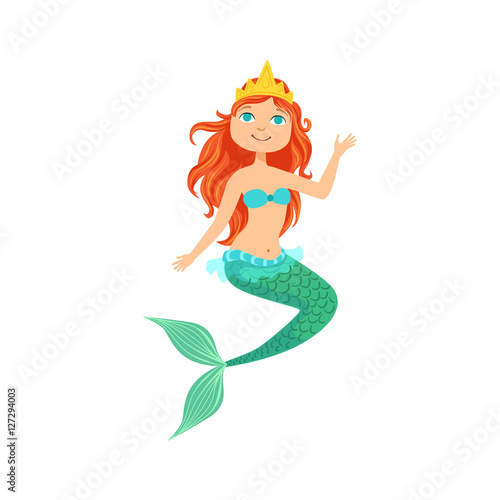 Red Hair Mermaid In Green Swimsuit Top Bra And Tiara On The Head Fairy-Tale Fantastic Creature Illustration