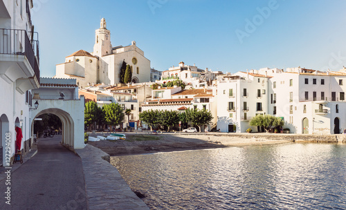 skyline View of the .village of Cadaques in the Costa Brava, Catalonia, Spain - (vintage tone film effect)