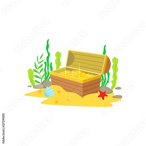 Open Chest With Golden Treasure Inside Laying At The Sandy Sea Floor Surrounded By Algae And Underwater Marine Animals