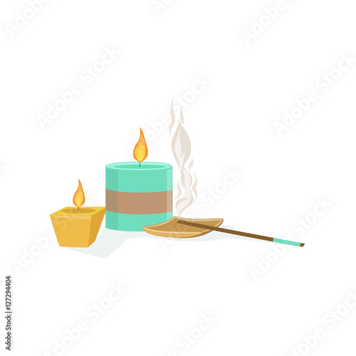 Set Of Meditaion Oriental Decorations With Scented Candles And Smoking Sticks Element Of Spa Center Health And Beauty Procedures Collection Of Illustrations