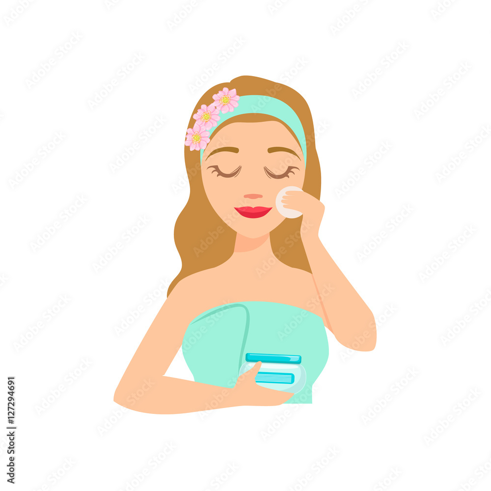 Girl Applying Facial Skincare Product With Cotton Round, Woman With Closed Eyes Doing Home Spa Procedure Illustration