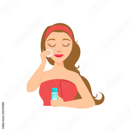 Girl Removing Make Up With Skincare Product And Cotton Round, Woman With Closed Eyes Doing Home Spa Procedure Illustration