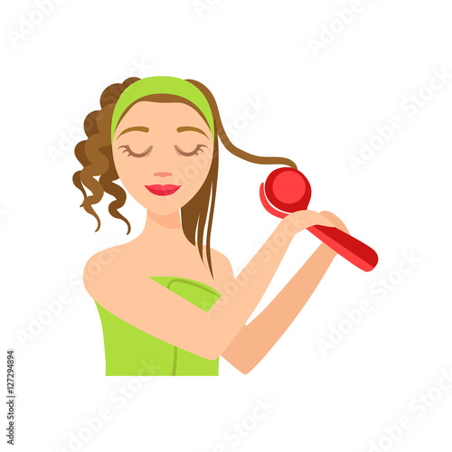 Girl Curling The Hair WIth Electric Curler, Woman With Closed Eyes Doing Home Spa Procedure Illustration