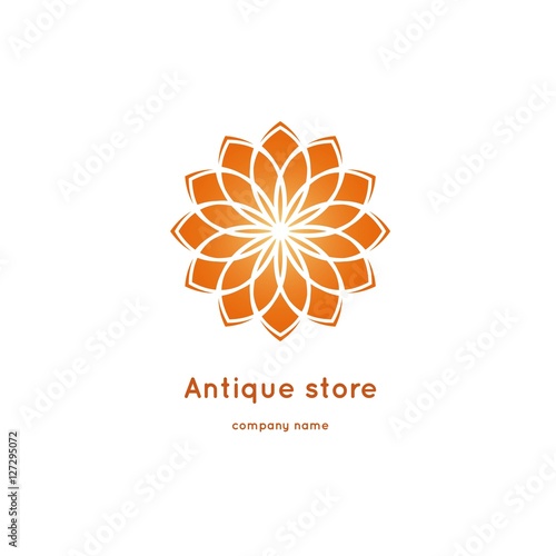 Luxury logotype for antique store. Volumetric golden big bud. Kaleidoscope