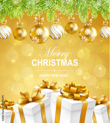 Merry Christmas and Happy New Year greeting illustration with snow, Christmas balls, gift boxes and fir-tree. Vector illustration.