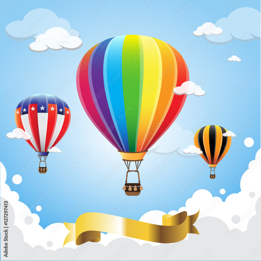Fototapeta premium Hot air balloon in the sky with gold banner ribbon cloud background