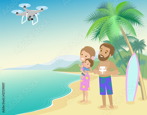 Family woman man mother father and kid child son on seashore with palm vacation launch drone quadrocopter to take photo of video from holidays vector