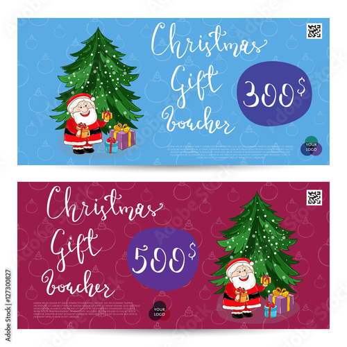 Christmas gift voucher template. Gift coupon with Xmas attributes and prepaid sum. Santa, gifts, christmas tree, gingerbread cookie cartoon vectors. Merry Christmas and Happy New Year greeting card