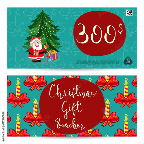 Christmas gift voucher template. Gift coupon with Xmas attributes and prepaid sum. Santa, gifts, christmas tree, gingerbread cookie cartoon vectors. Merry Christmas and Happy New Year greeting card