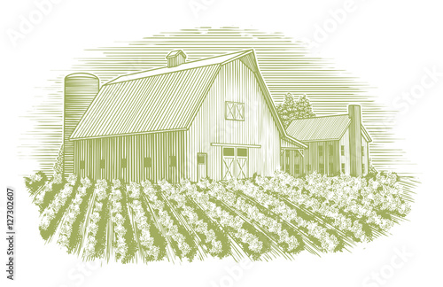 Woodcut-style illustration of a farm scene with a barn in the foreground and a farm house in the background.